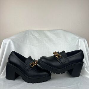 LANE BRYANT Black Smooth Loafers Chunky Platform With Gold Chain Detail Size 9 W
